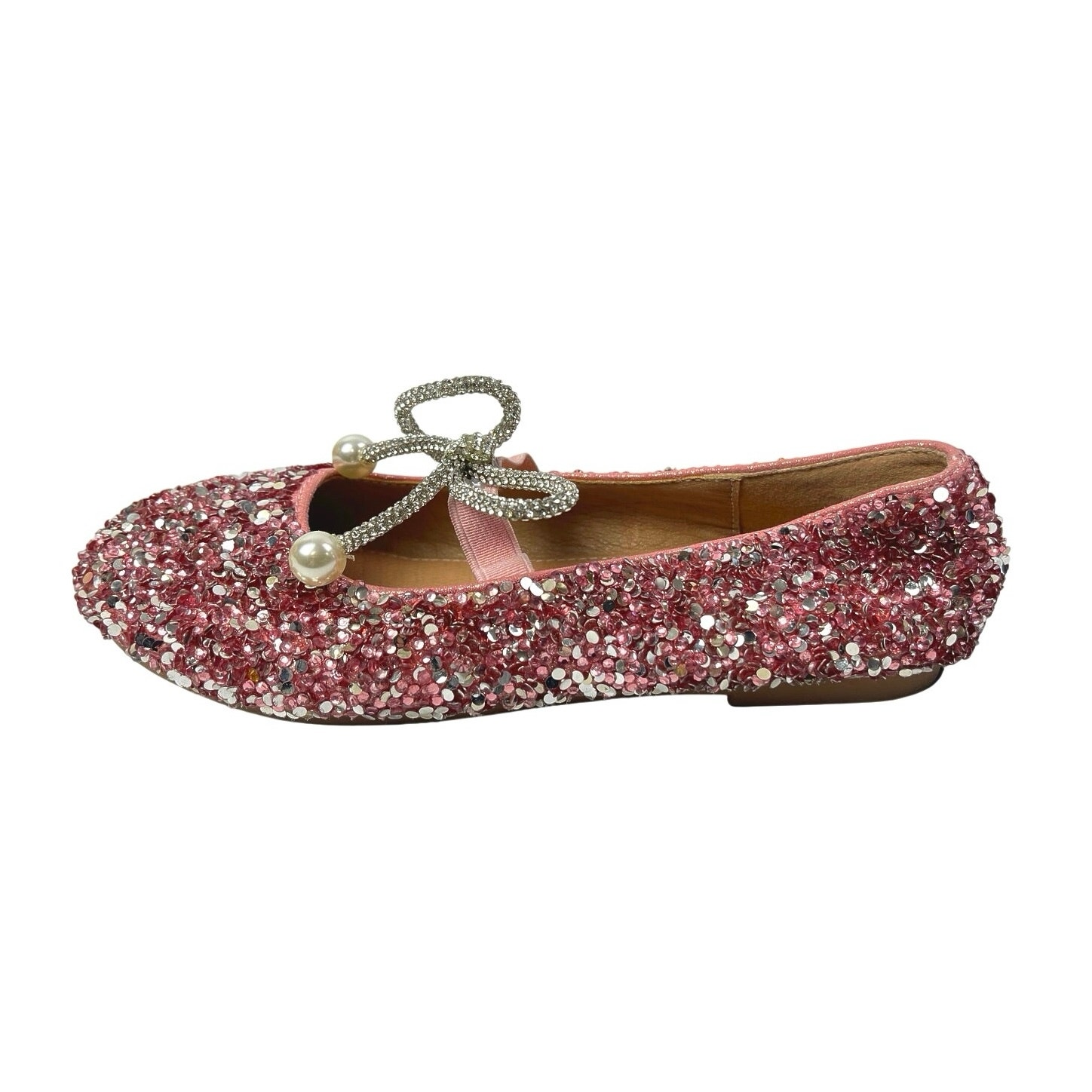 Kids Girls Pink Rhinestone Bow Glitter Beaded Round Toe Ballet Flat Shoes 33/1.5